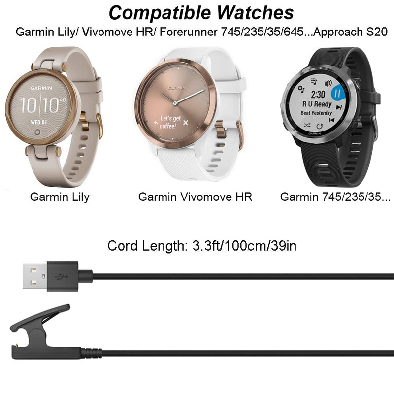 Charger for Garmin Lily, Vivomove HR, Forerunner 235/35/230/630/645/735XT, Approach S20/G10 Replacement Charging Clip Sync Data Cable (2-Pack, 3.3ft/1m) (2) 2