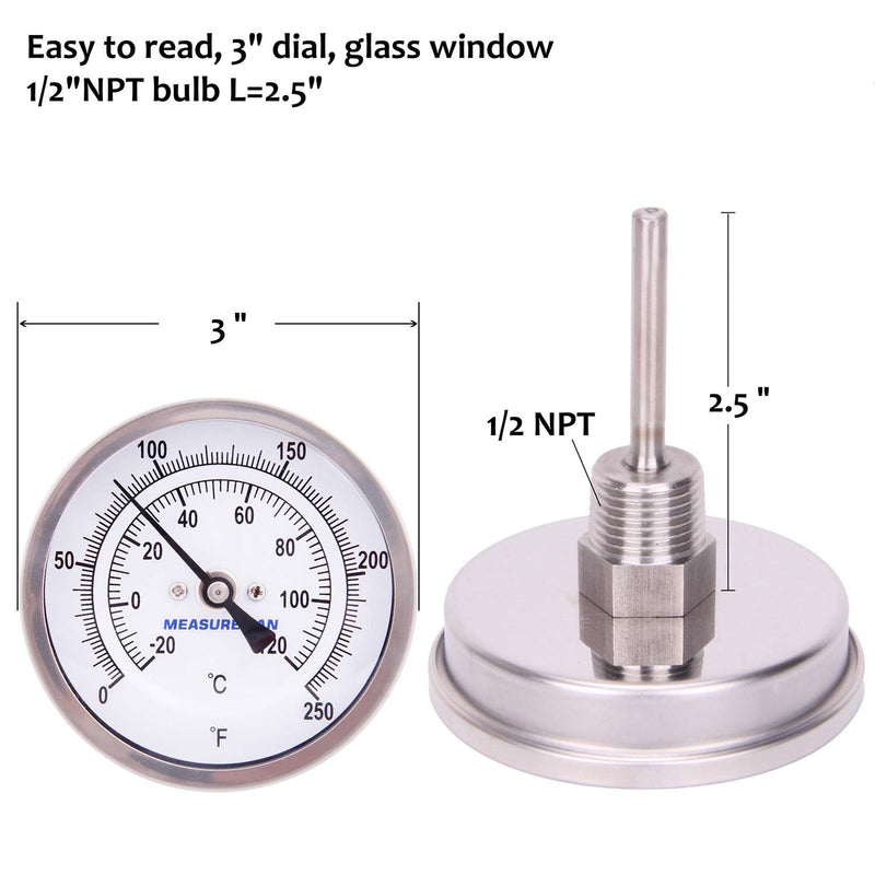MEASUREMAN Fully Stainless Steel Pot, Kettle, Brewing Bimetal Thermometer, 3" Dial, 2-1/2" Stem, 0-250 deg F/-20-120 deg C, -1% Accuracy, Adjustable, 1/2" NPT Back Mount （2 Pack） 2-1/2" Stem 2pc