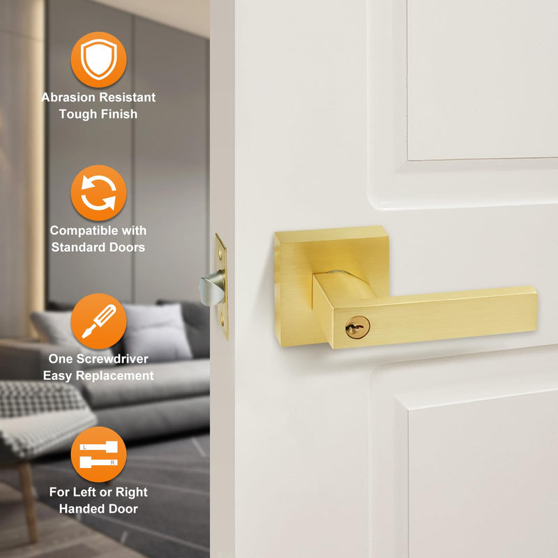 JO.KO Golden Door Handles with Lock and Keys,Brushed Golden Door Knobs | Satin Brass Door Handle Set,Interior / Exterior Door Lever for Bedroom Bathroom,Front Doors 1 Pack Polished Brass