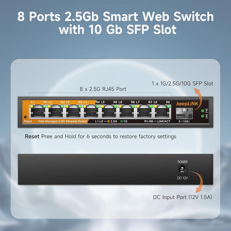 8 Ports 2.5G Switch Smart Web Managed, 8 x 2.5G Base-T & 1 x 10G SFP Slot, Support 802.3ad Static Aggregation, QOS/VLAN/IGMP, Metal Housing Network Ethernet Switch 8 Port 2.5G Switch Managed