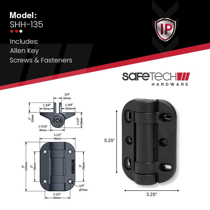Safetech Hardware MegaKlik Self Closing Gate Hinges | Self-Aligning Heavy Duty Spring Hinges | Adjustable Tension | Pool safety Hinge | Square Post, Aluminum Gates | Swing Close 185 lbs SHH135 - Black