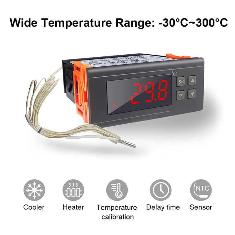 KETOTEK Temperature Controller with Sensor 230V 30A, Digital Thermostat Relay -30℃~300℃, Temperature Switch Cooling Heating Temperature Control for Incubator Reptiles 30A -30~300℃