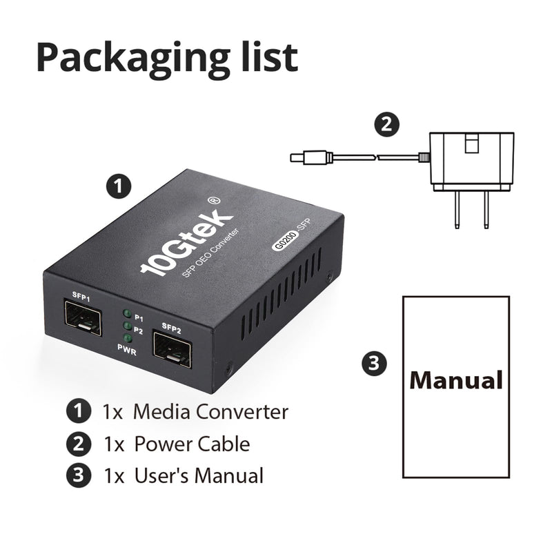 10GTEK 1.25G/2.5Gbps Two Ports SFP OEO Mode Converter, Optical-Electrical-Optical Wavelength/Fiber Mode/Fiber Count Converter, SFP Repeater (Without Transceiver)