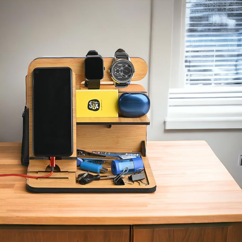 Gkd Desk Organizer & Docking Station (6 In 1) With Mobile Stand Gift For Him Gift For Husband Gift For Brother Table Organizer (Bamboo) Gift Kya De (Eco Friendly)