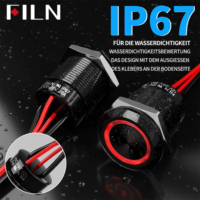 1NO1NC Waterproof 19 mm Switch Push Button 12V-24V Red LED Pack of 2 | Metal pre-wired with cable IP67 pressure switch with 185 interchangeable symbols for car, boat, industry Sperrtaster 19mm