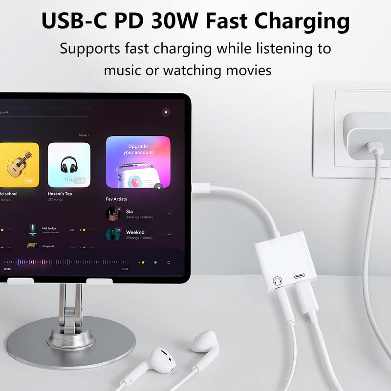 USB C to 3.5mm Headphone and Charger Adapter 2-Pack, 2-in-1 USB C to Aux Jack Dongle Cable Cord with PD Fast Charging for iPhone 15 Pro Max Plus, Samsung Galaxy S22 S23 S24 Ultra, Note 20 White