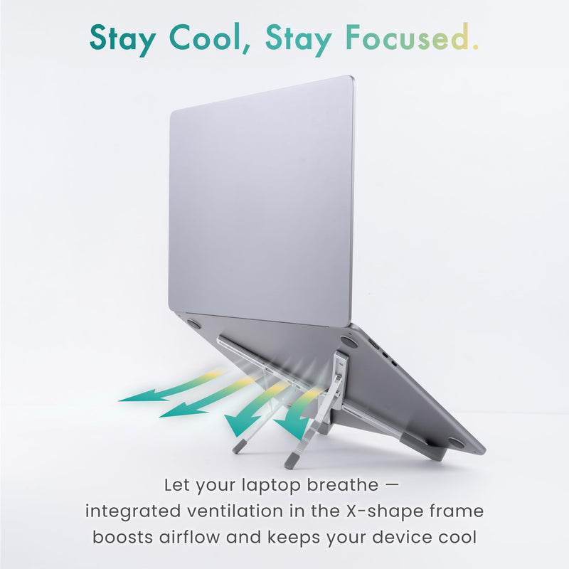 BELLEMOND | Adjustable Laptop Stand – Lightweight Aluminum Riser with 5 Height Levels | Foldable, Ventilated X-Frame Design | Designed in Japan | Fits Laptops & Tablets up to 17.3” | Space Silver