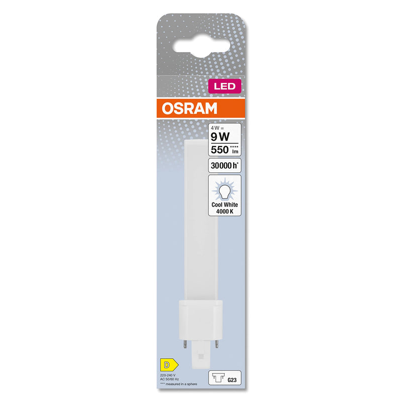 OSRAM Dulux S9 LED lamp for G23 socket, 4 watts, 550 lumens, cool white (4000 K), replacement for conventional 9 W Dulux bulbs, 1 piece (1 pack) Cold White Pack of 1 9W replacement - socket G23