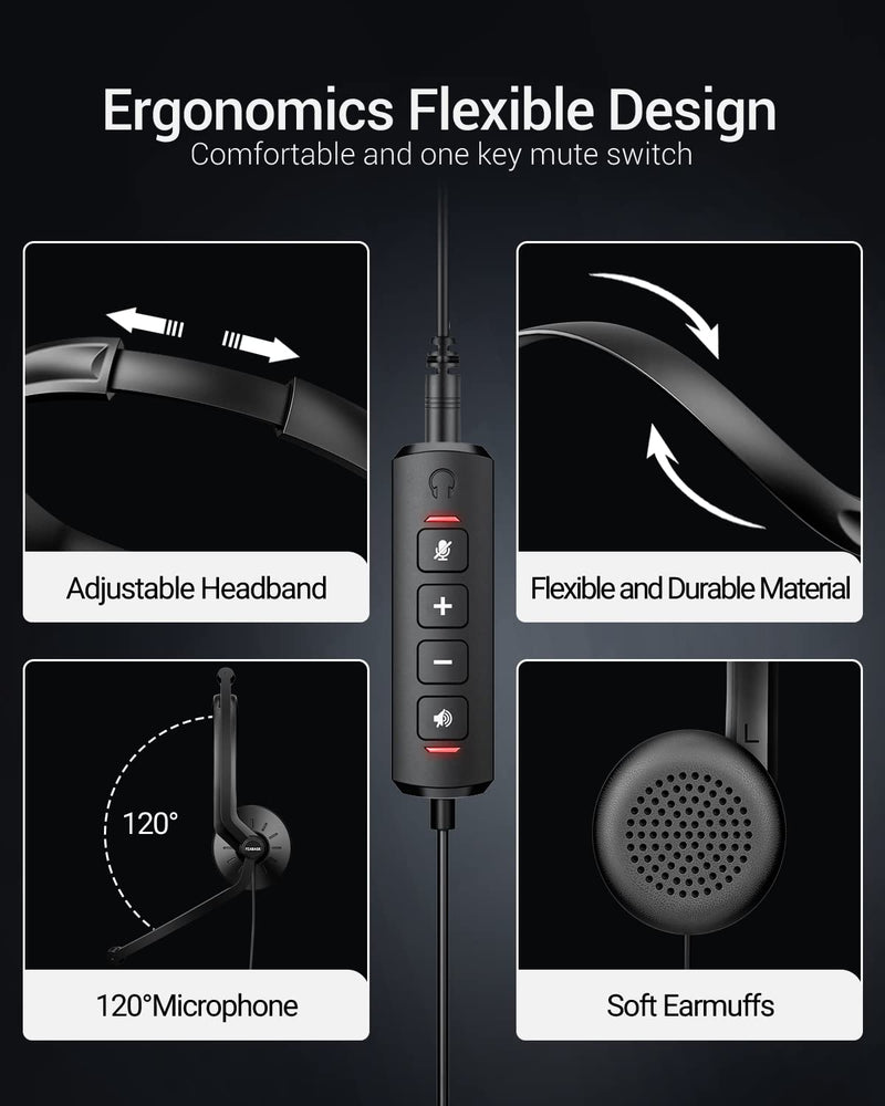 USB Headset with Microphone for PC Laptop - Wired Computer Headphones with Noise Cancelling Microphone for Home Office Online Class Skype Zoom Meetings,in Line Mute Controls USB+3.5mm Black
