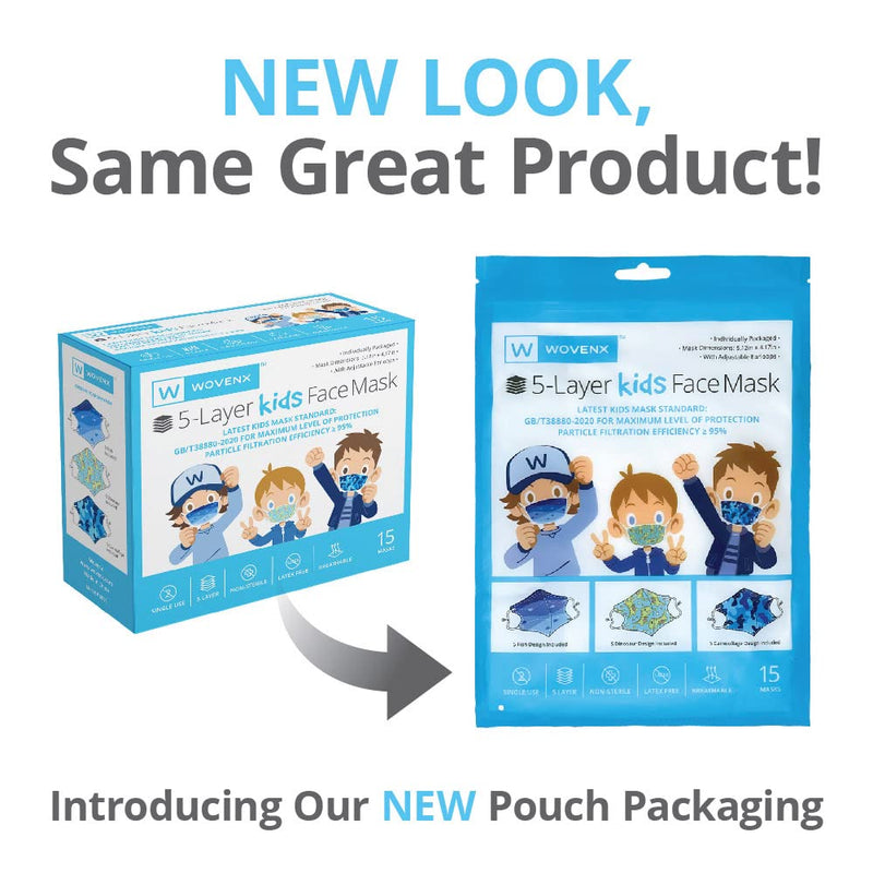 FDA Registered, 5 Ply Disposable Kids Face Mask 15 Pack, Adjustable Earloops, Individually Sealed Boys Masks