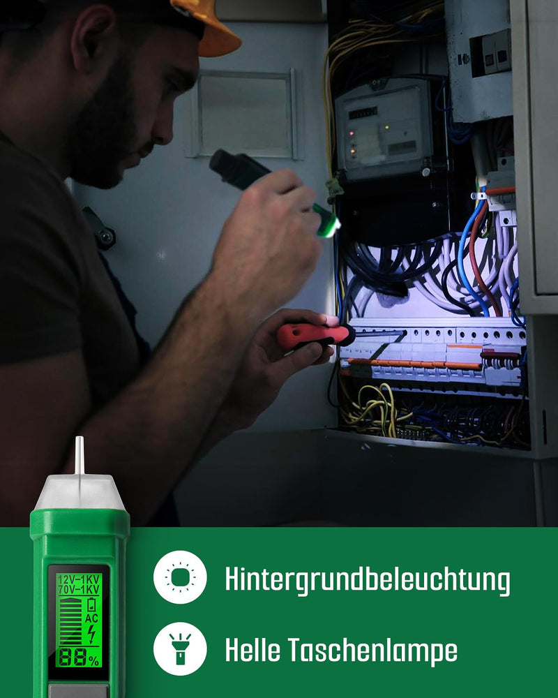 Non-contact voltage tester, TESMEN TN-213, phase tester, non-contact continuity tester, AC 12V-/70V-1000V, dual range, flashlight, LCD display in percent, buzzer alarm, wire break detection-green green
