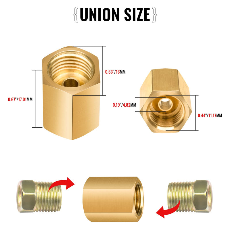 Brake Line Fittings for 1/4 inch Brake Line Tube, 7/16-24 Threads, 15 Pieces (5 Unions, 10 Nuts) 15pcs for 1/4 tube
