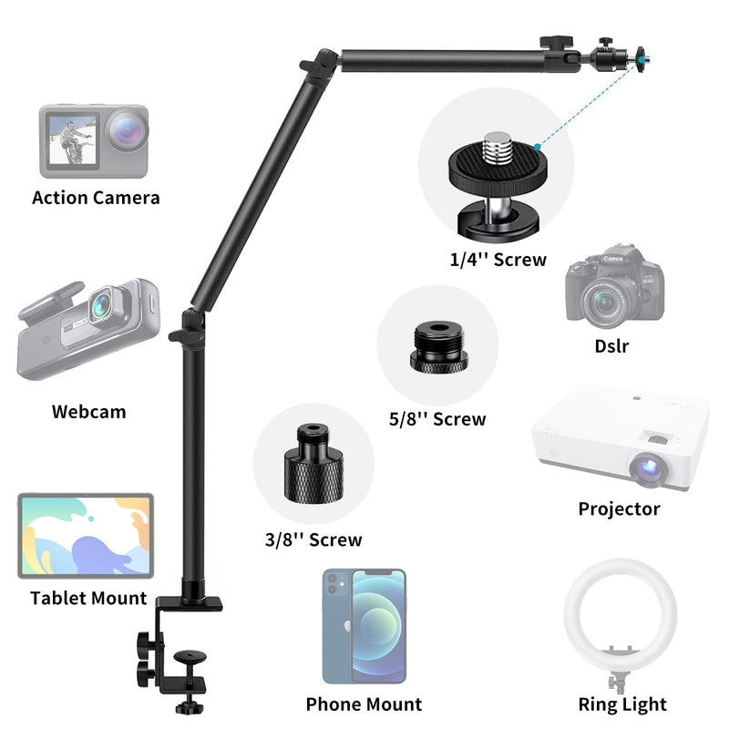 Overhead Camera Mount Desk Stand, Flexible Articulated Arm DSLR Desk Mount Light Stand Phone Holder with 1/4" 3/8'' 5/8'' Screw, Clamp Tabletop Stand for Podcasting/Light/Blue Yeti Nano/Webcam