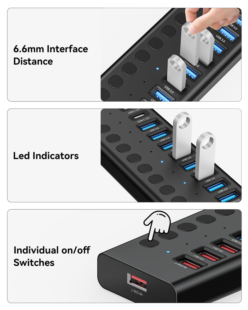 Powered USB Hub, 16-Port USB C Hub Splitter (10 USB 3.0+2 Quick Charging+2 Smart Charging+2 USB C) with Individual Switches, 90W Power Adapter for PC