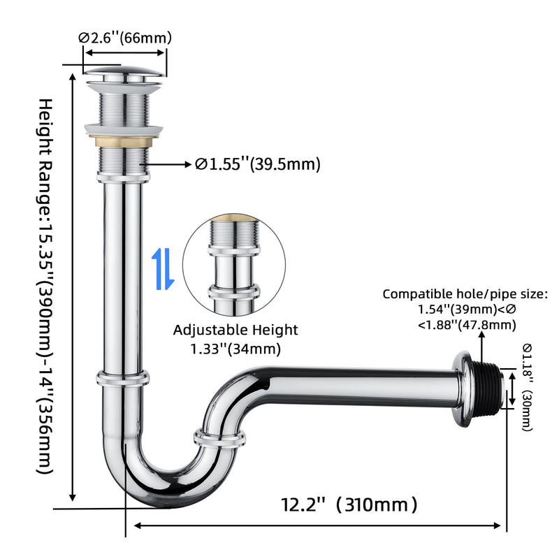 Bathroom Sink Stopper Bottle Trap, U-Shape 1-1/4 inch Slip Inlet Drain Complete Kit, Lavatory Sink Stopper Set NO Overflow, Polished Chrome, Pls Measure ur Sink Hole Size Before Order U03-Set NO Overflow