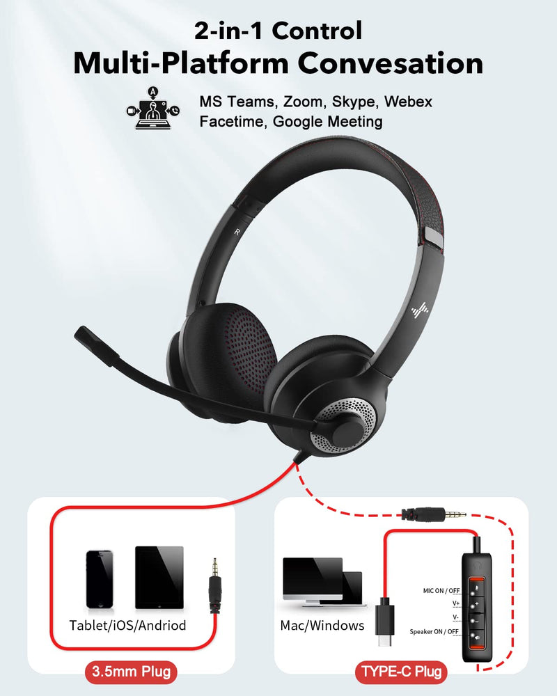 USB Headset with Microphone for PC, On-Ear Computer Laptop Headphones with Noise Cancelling Mic in-line Control for Home Office Online Class Zoom (Type C+3.5mm, Black) TYPE C+3.5mm