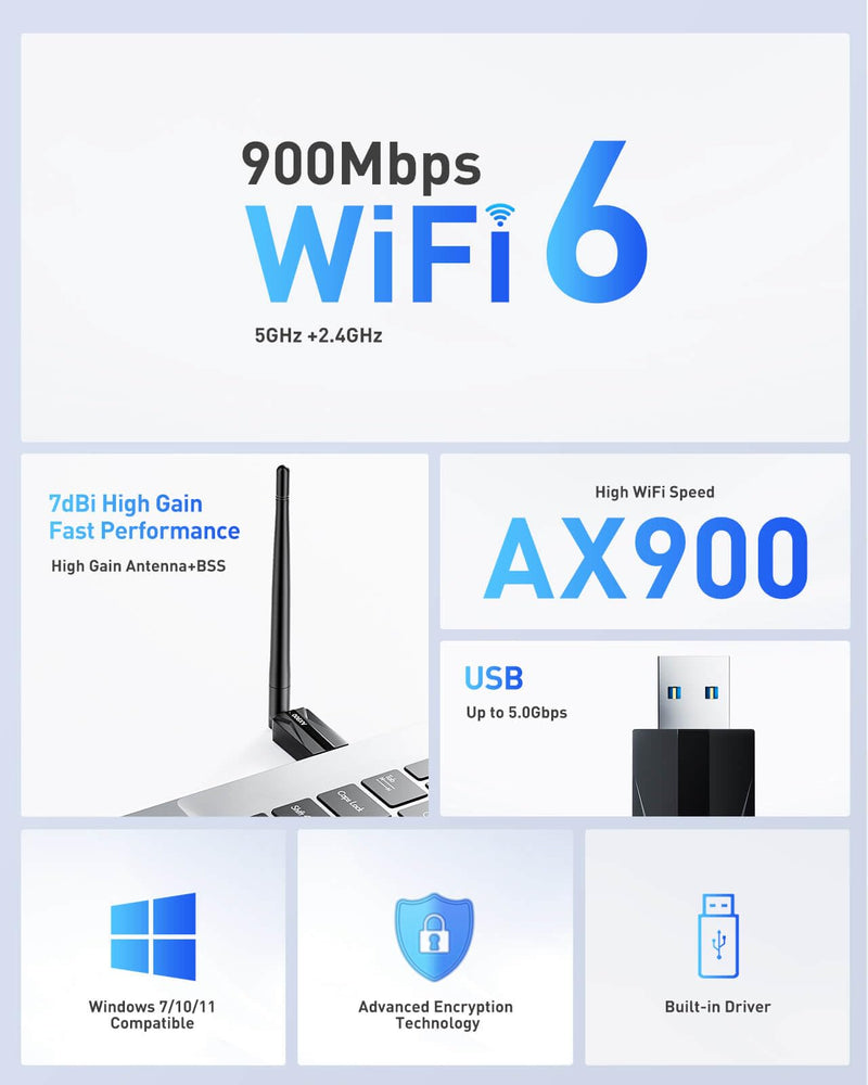 USB WiFi Adapter for Desktop PC - AX900 Wi-Fi 6 Dual Band 5G 2.4G Wireless Adapter with 7DBi Antenna for Win11/10 WiFi Dongle for Desktop PC Laptop Gaming Wireless USB Internet Network Card (Black)