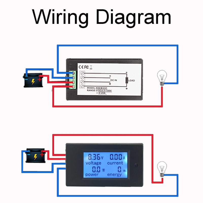 Greluma 1 piece DC 6.5-100V 20A LCD display digital current voltage energy meter multimeter amp voltmeter, 4 in 1 digital amp volt watt kWh meter tester measuring device 4-in-1 multimeter