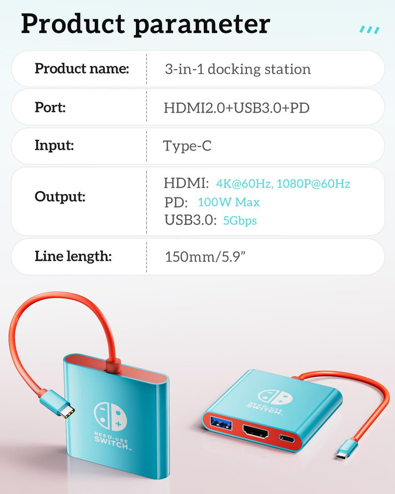 TV Dock for Switch 2, Docking Station for Switch/Switch OLED/Steam Deck/MacBook, Portable TV Adapter ＆ Travel Dock, Compatible with Nintend0 Switch 2, Supports 4K@60Hz HDMI 2.0a HDR, 100W PD, USB 3.0 Blue