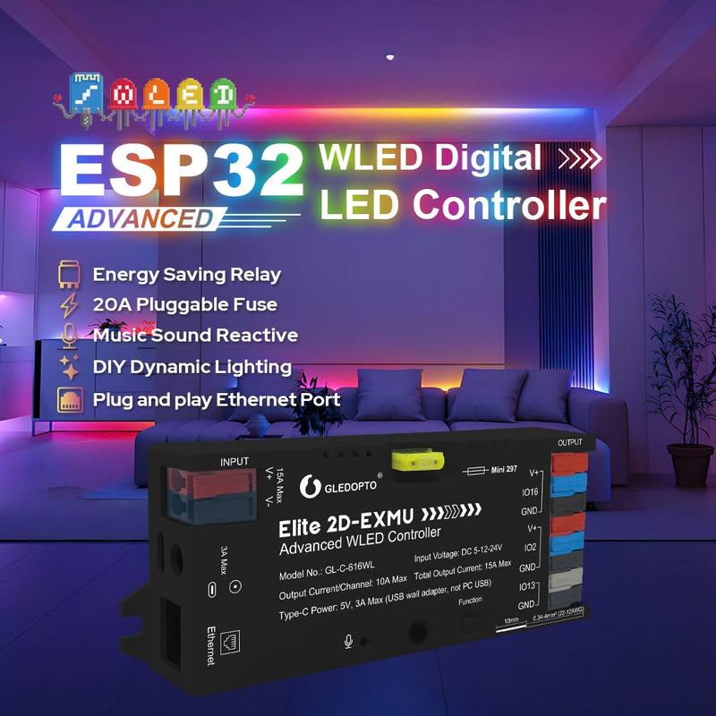 GLEDOPTO ESP32 WLED Controller with Ethernet Music Response UART 20A Plug Fuse LED Controller for WS2811 WS2812 SK6812 WS2815 Digital Addressable RGB IC Strip Light (616WL) 616WL