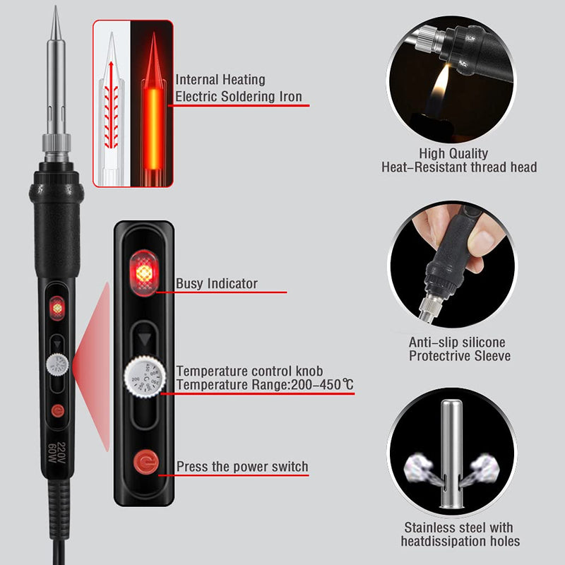 Soldering Iron Set, 60 W Soldering Iron Soldering Set with On/Off Switch 200-450 °C, Adjustable Temperature Button, 5 Soldering Tips, Curved Tweezers, Soldering Wire, Iron Stand with Sponge, Pro Electrical Engineering Repairs
