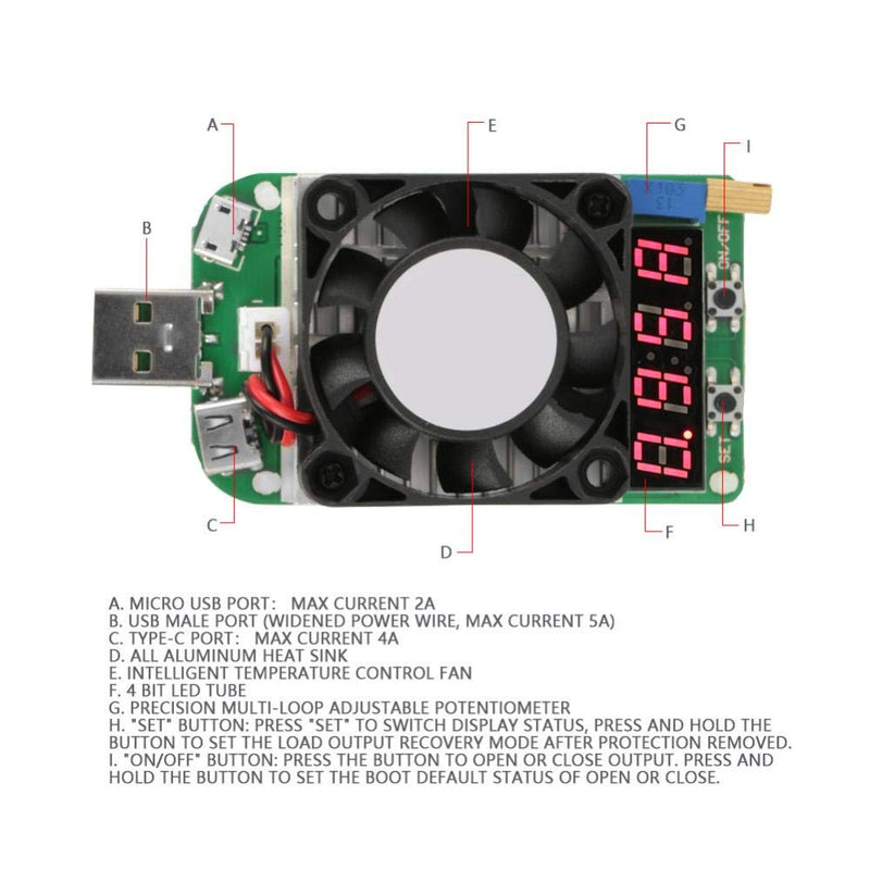 Akozon USB Load Tester Module USB Energy Meter Tester Electronic Load LD25 USB Electronic Load Digital Display Battery Test Adjustable Resistance Voltage Current Meter