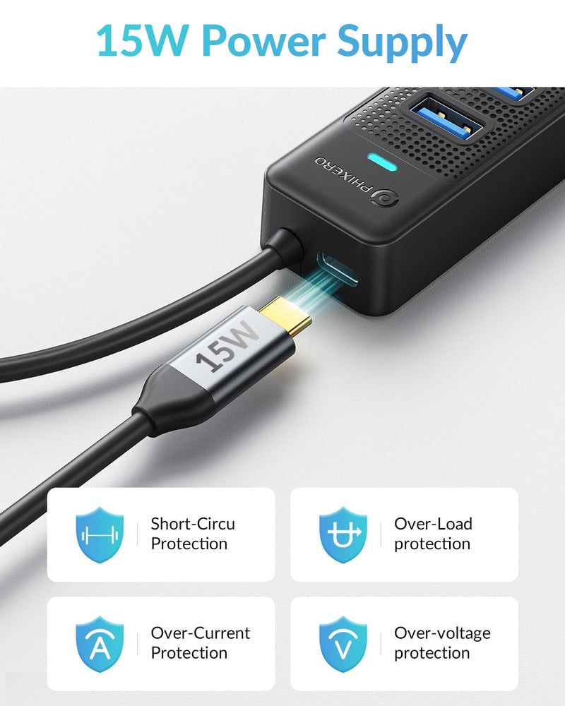PHIXERO 7 Port USB Hub, 3.3FT/1M Long Cable USB 3.0 Hub Multi USB Port Hub Adapter Extension USB Splitter USB Hub for PC, Compatible with All USB 3.0/2.0/1.1 Device 1m Cable