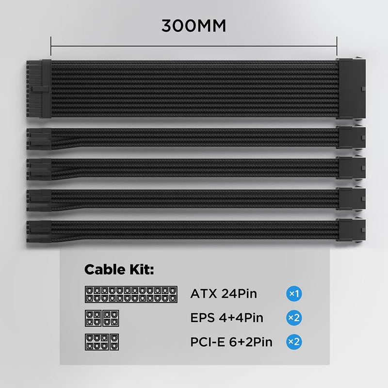 PSU Cable Extension Kit 30CM Length with Cable Combs 1x24Pin/2x8Pin(4+4) EPS/2x8Pin(6P+2P) PCI-E/PC Sleeved Cable for ATX Power Supply (Black) (Black) Black