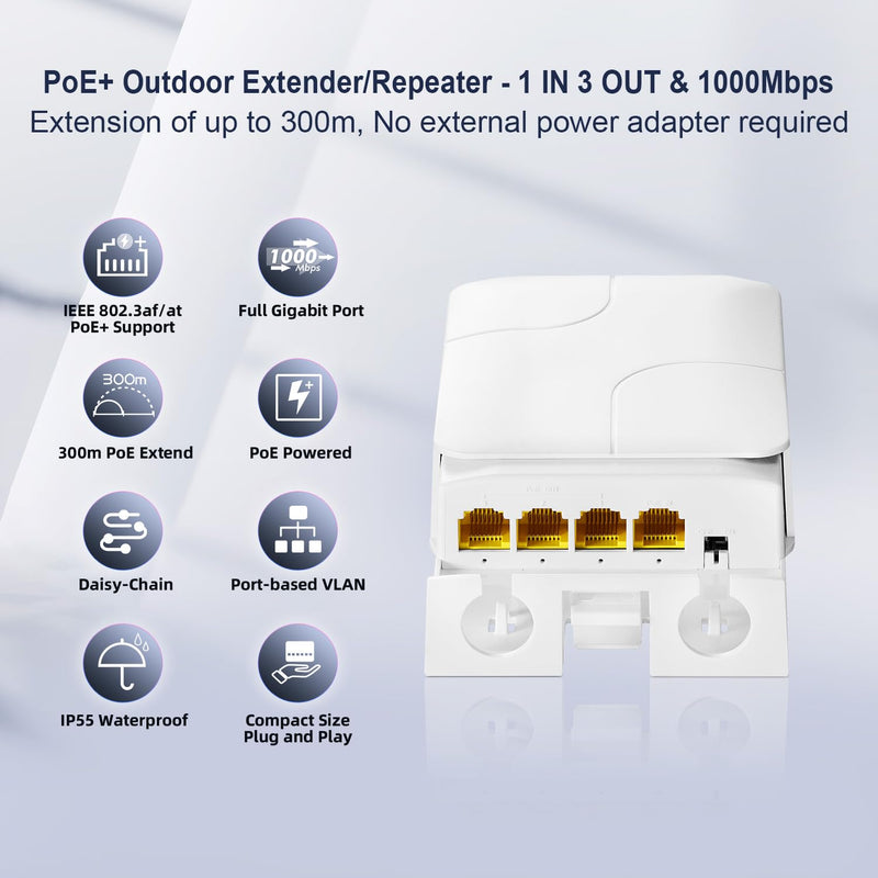 Outdoor 4 Port Gigabit PoE Extender, 1 in 3 Out PoE+ Repeater, 10/100/1000Mbps, IEEE 802.3 af/at 30W, Wall Mount Waterproof YuLinca POE Passthrough Switch
