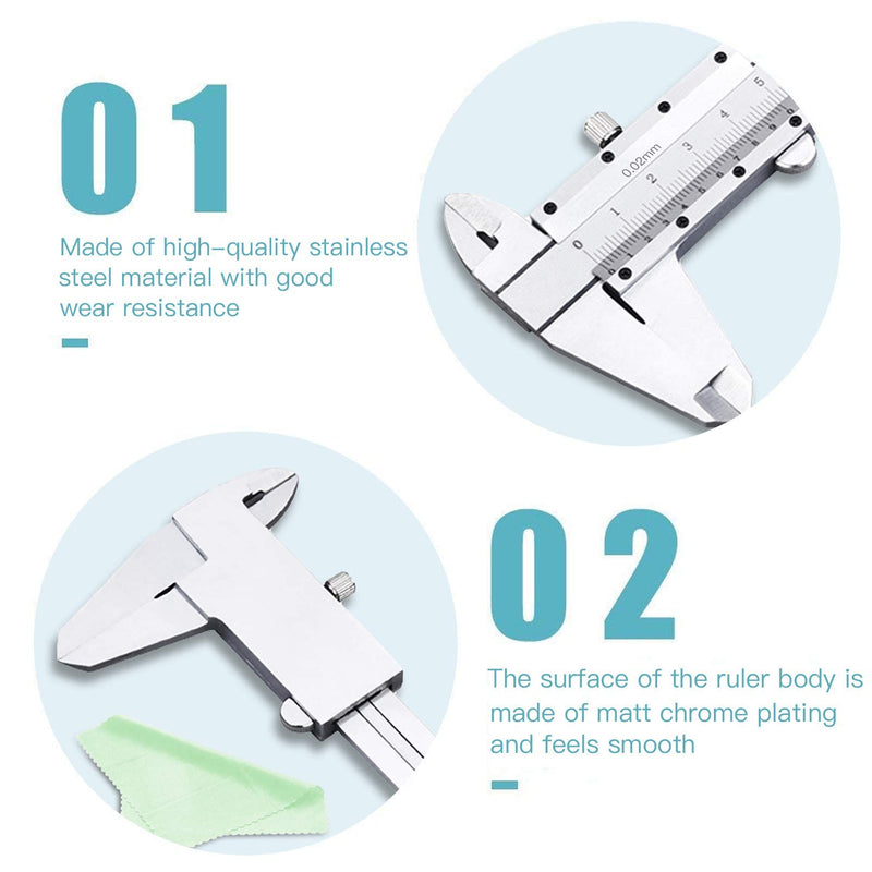 150 mm vernier caliper, stainless steel caliper, precision caliper with locking screw, vernier caliper, caliper caliper with steel ruler, cleaning cloth A