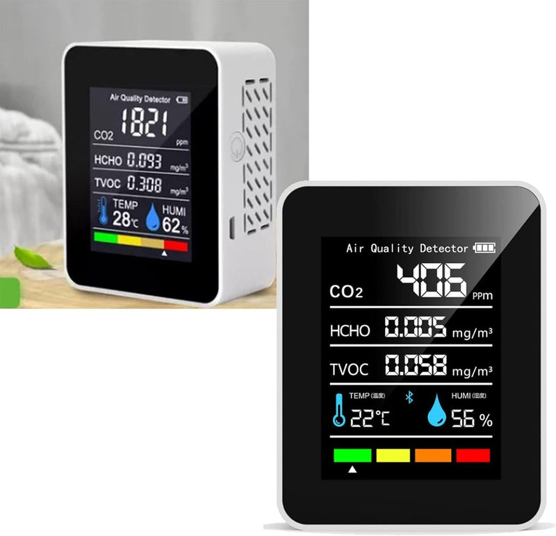 CO2 Detector ABS Air Quality Monitor Battery Powered 5 in 1 Carbon Dioxide HCHO TVOC Temperature Humi Meter