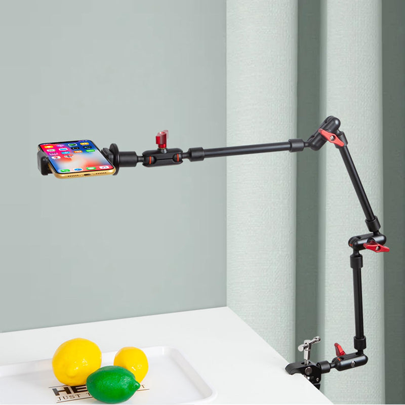Adjustable Articulating Magic Arm with Clamp and Phone Holder Clip for Desk Mount, Desk Stand, Cell Phone Tripod 32in arm+clamp+Clip