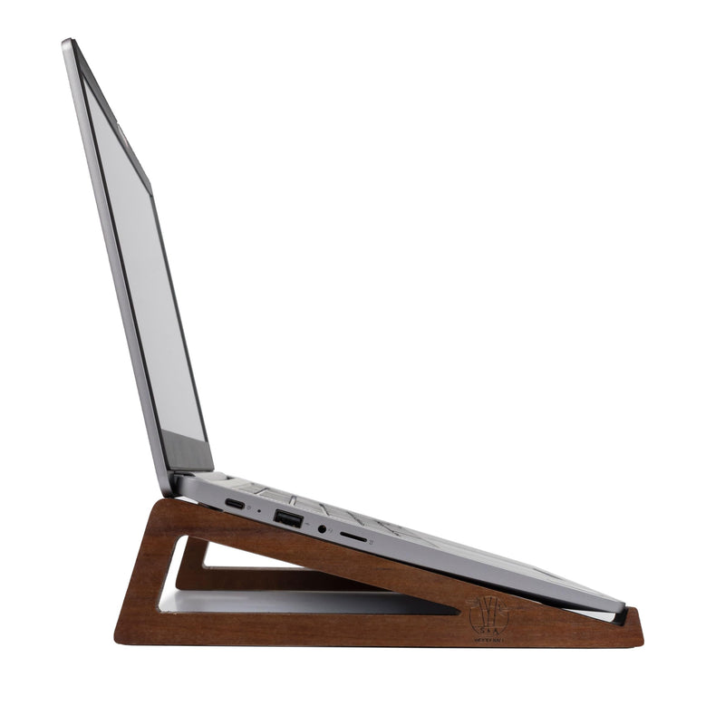 S&A WOODCRAFT Wooden Laptop Stand, Portable Desk Laptop Holder for Tablet with Carry Pouch, Compact Travel Laptop Stand with Protective Silicone Pads, Suitable for Laptops and Tablets Brown Acacia