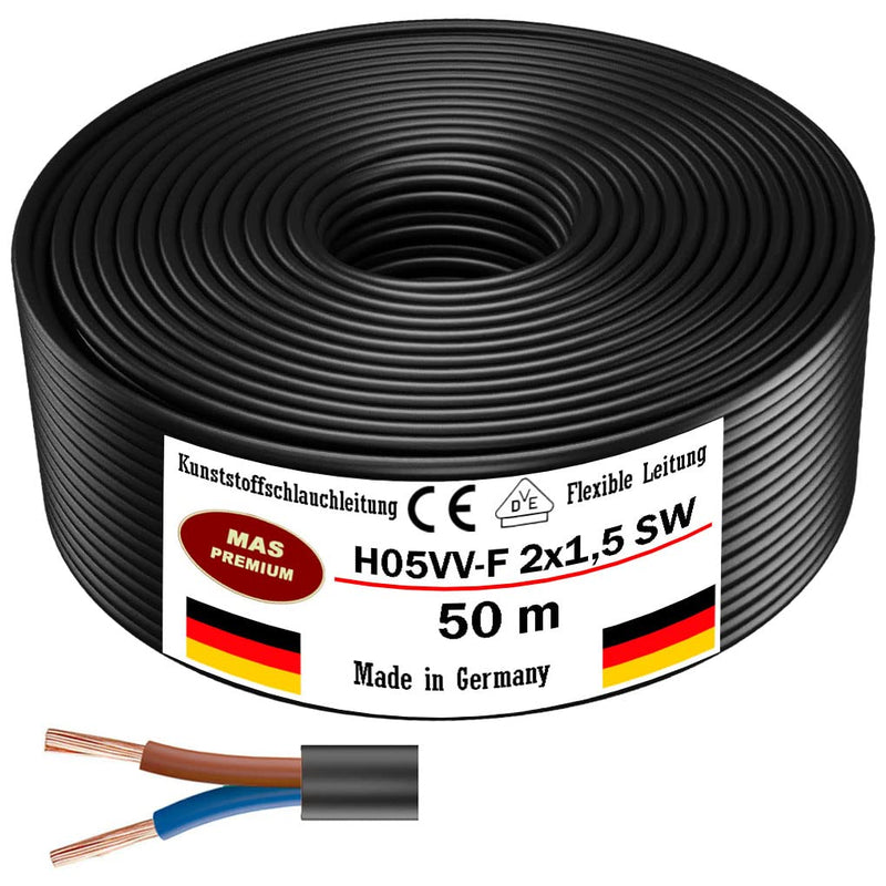 From 5 to 100m plastic hose line H05VV-F 2x0.75; 2x1; 2x1.5 or 2x2.5 Black Flexible Cable Cable Device Cable (H05VV-F 2x1.5 SW, 50m) H05VV-F 2x1.5 SW