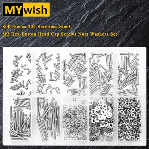 Mywish 800Pcs Button Head Socket Cap M2 Metric Screws Assortment Kit & Mywish 900Pcs Socket Hex M3 M4 M5 M6 Metric Screws Nuts and Bolts Assortment, with Flat & Spring Lock Washers/Nuts/Hex Wrenches