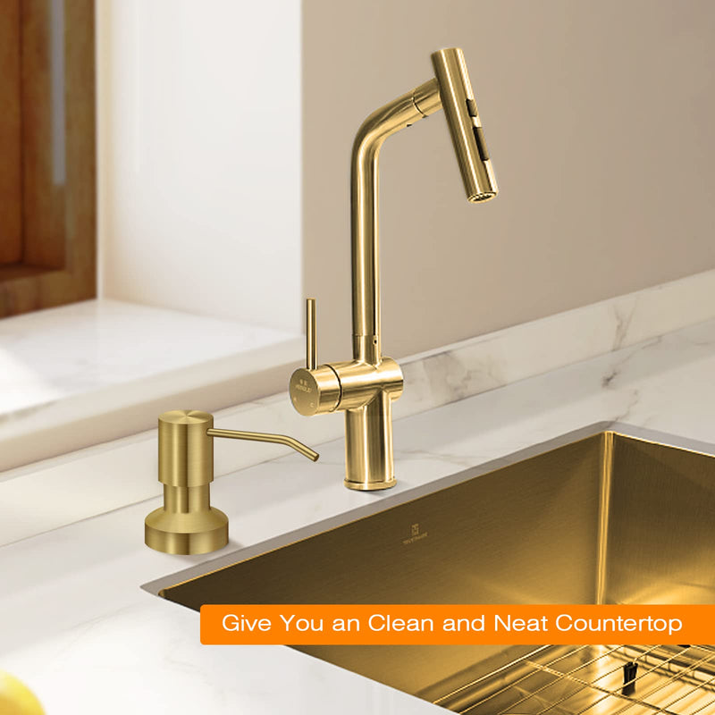 Sink Soap Dispenser for Kitchen Sink, Countertop Built in Sink Soap Dispenser with 47”Extension Tube kit, No Need to Fill The Little Bottle Again (Golden) Golden