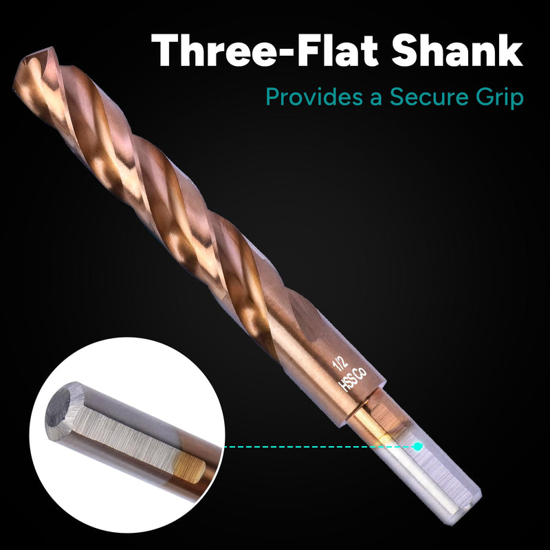 3-Flute Cobalt Drill Bit Set, M35 Metal Drill Bits for Metal and Steel, 3-Flats Shank, 135 Degree Split Point, for Hardened Steel, Stainless Steel, 21-Piece, 1/16"-1/2" 1/16 - 1/2 in (21pcs)