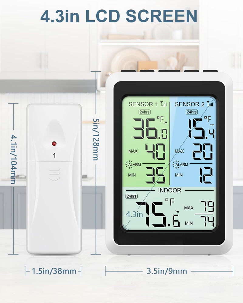 Upgraded Refrigerator Thermometer with Freezer Alarm, Digital Wireless Fridge Thermometer with 2 Sensors, 4.5" LCD Display, ℃/℉, Backlight Min/Max Record for Kitchen Home Restaurant