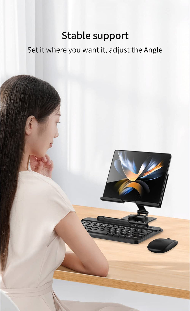 SHIEID Galaxy Z Fold 7 360° Rotating POS Tablet Stand, Zip Pull-Out, Integrated Folding Design Set with Folding Bracket, Keyboard, Mouse, Capacitor Pen–Compatible with Galaxy Z Fold7//6/5/4/3, Black Stand Bluetooth Keyboard Black-4-Piece Set