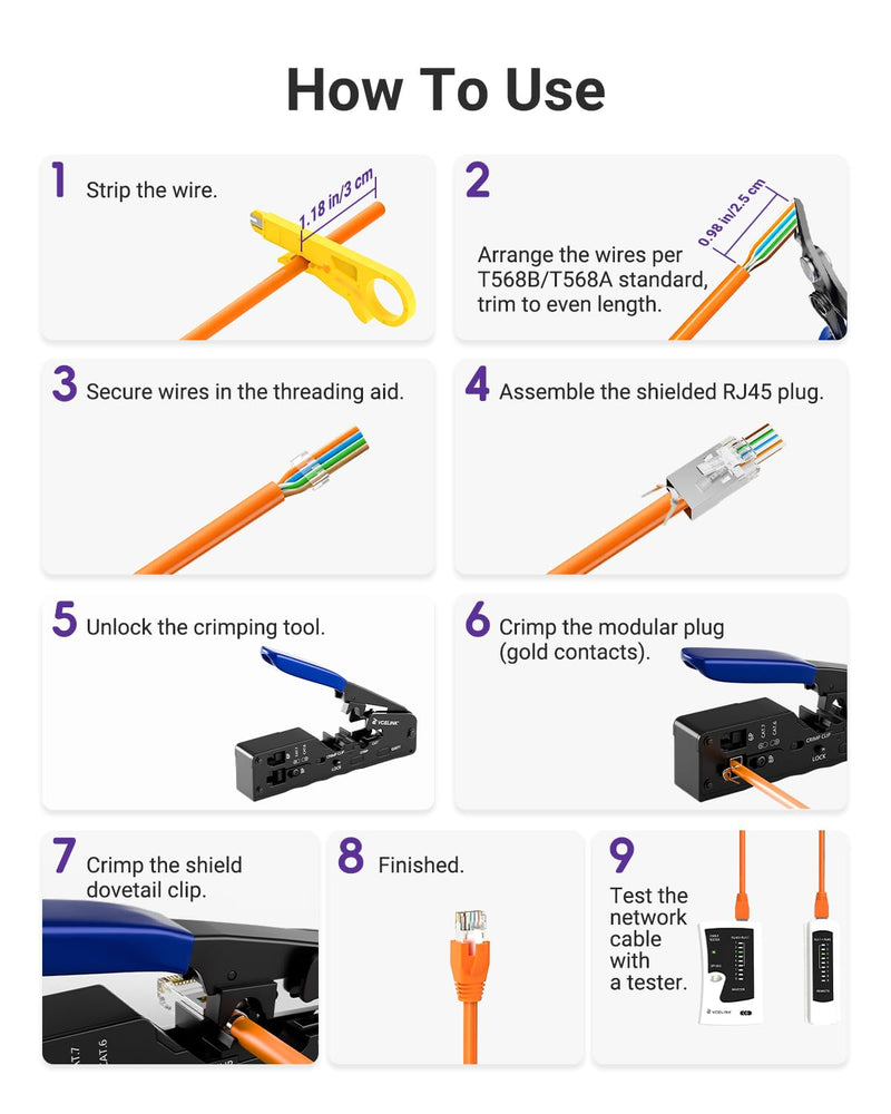 VCELINK RJ45 Crimp Tool, All-In-One Ethernet Pass Through Crimper for CAT7 CAT6A CAT6 CAT5e CAT5 Ethernet Connectors by Screw Adjustment (Kit-with Punch down Tool) Kit with Punch Down Tool
