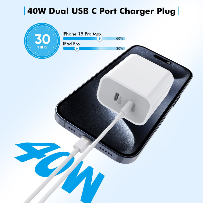 iPhone 15 Charger,Apple Charger Fast Charging,2Pack 40W Dual Port Power Delivery Apple Charging Block,2Pack 6FT USB C to C Fast Charger Cable,USB C Charger for iPhone 15/15 Pro/iPad Pro/iPad Air/Mini