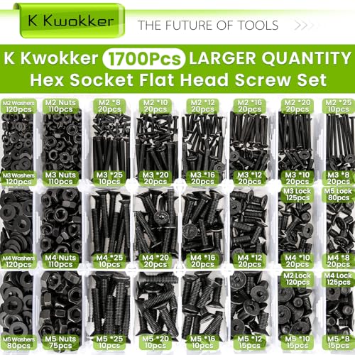 1700Pcs Hex Socket Flat Head Black Screws Assortment and 1720Pcs Hex Button Head Cap Screw Bolts and Nuts Kit (M2 M3 M4 M5)