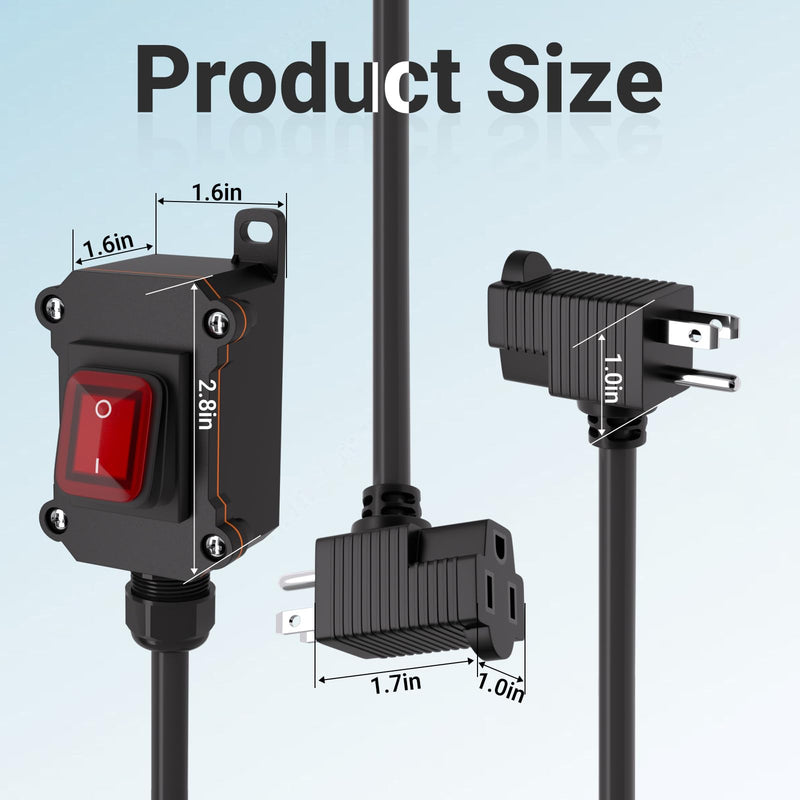 Inline Power Switch with 15-ft 14AWG Cable Piggyback Plug(3-Pronged),Red LED Rocker Button,IP67 Waterproof Extension Cord with On/Off Switch, AC/DC 20A-125V / 16A-250V（15FT/14AWG） 15FT