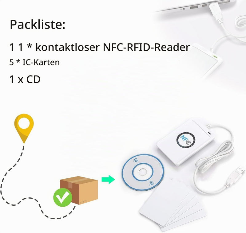 DEWIN USB NFC Reader, ACR122U NFC Reader Writer and 5 ISO 14443A/B IC Cards, White