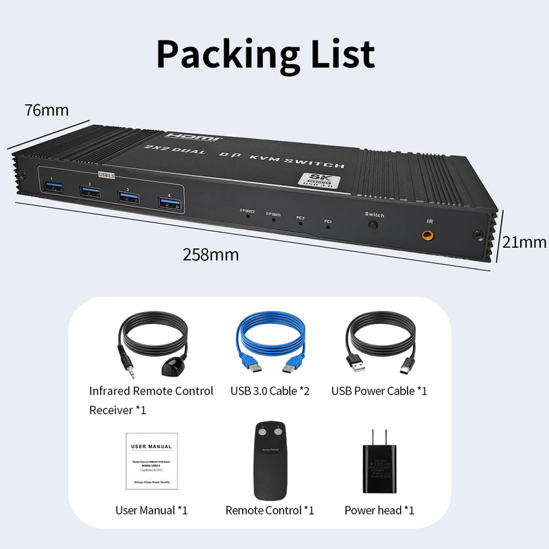 Displayport KVM Switch 2 Monitors 2 Computers, DP1.4 KVM Switch for Sharing 1 Set of Keyboard Mouse with 4 USB3.0 Ports, 8K@60Hz 4K@120Hz HD Dispaly, Support Copy/Extend Mode, Include IR Controller