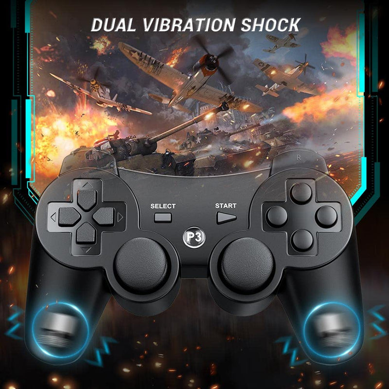 OKHAHA Controller 2 Pack for PS3 Wireless Controller for Sony Playstation 3, Double Shock 3, Bluetooth, Rechargeable, Motion Sensor, Remote for PS3 (No Stripes(Black + Blue)) No Stripes(Black + Blue)