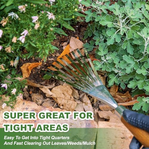 Haliaeetus Gardening Sickle Hoe, 14.6'' Small Hand Rake for Tight Areas, 9 Tines Stainless Steel Garden Rake with Ergonomic Wood Handle for Clearing Leaves and Loose Debris in Flower Bed