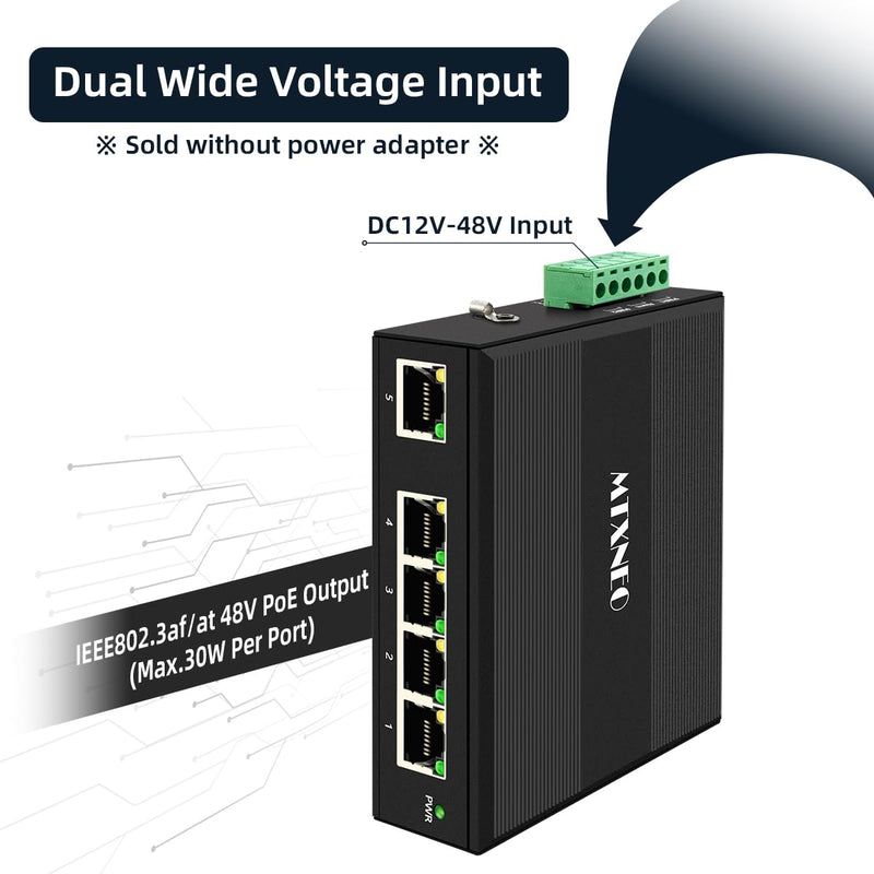Industrial 5 Ports Gigabit POE+ Network Switch with DC12V-48V Input and DC48V IEEE802.3af/at 30W POE Output 120W Total for Solar Power/Truck/VoIP Systems/CCTV Security System 5port POE Gigabit Switch