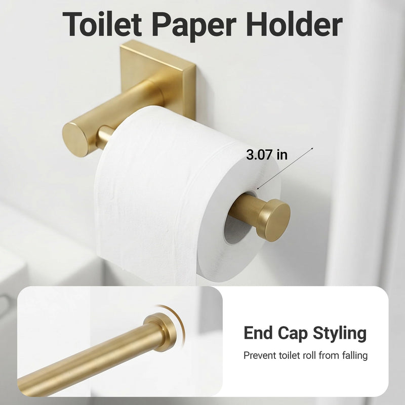 24-Inch Wall Mounted Towel Racks for Bathroom – Space Saver 4-Piece Durable Stainless Steel Bathroom Hardware Set with Towel Bar, Towel Ring, Toilet Paper Holder & Hook, Gold Golden Square
