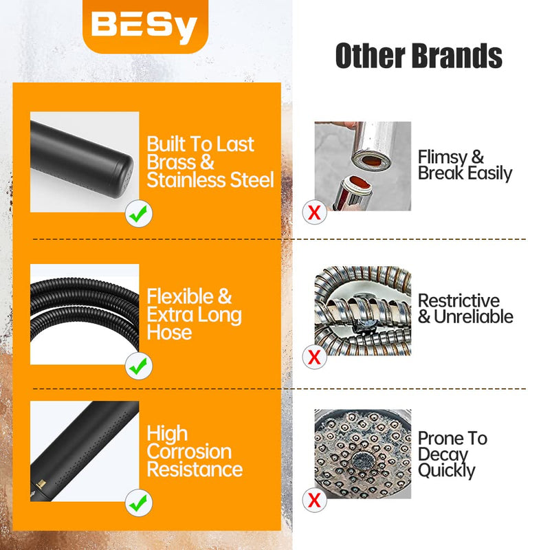 BESy Black Brass 2 In 1 Function Handheld Shower Head Set High Pressure 7 Inch Shower Head High Flow Hand Shower Wand with 59 Inch Hose, Bracket, Matte Black Finish